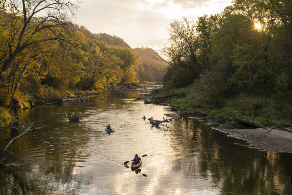 Scenic river landscape with kayakers traveling through a forested conservation area.